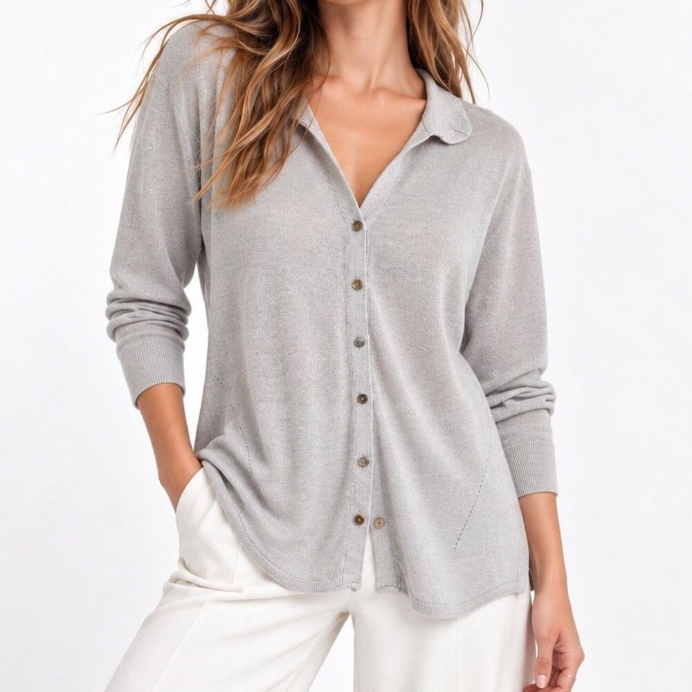 Poetry Collared Cardigan Gray 100% Linen 3/4 Sleeve Mother Of Pearl Buttons 12